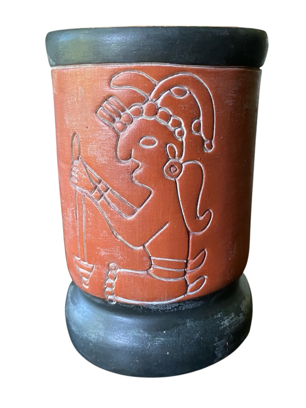 Vintage Mexico Aztec Mayan Vessel Hand Painted Terracotta Vase Chocolate Making
